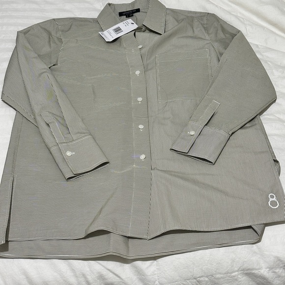 Women’s Striped Button-Up Blouse- Green/White - Picture 1 of 5